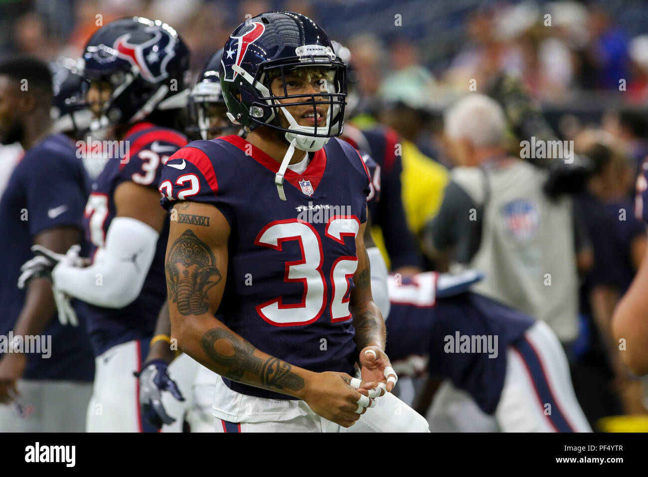 Agosto 18, 2018: Houston Texans defensive back Tyrann Mathieu (32) durante la preseason NFL partita di calcio tra la Houston Texans e San Francisco 49ers a NRG Stadium di Houston, TX. John Glaser/CSM Foto Stock