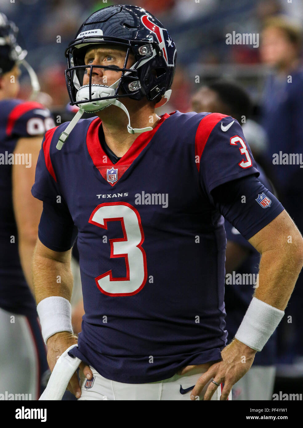 Agosto 18, 2018: Houston Texans quarterback Brandon Weeden (3) durante la preseason NFL partita di calcio tra la Houston Texans e San Francisco 49ers a NRG Stadium di Houston, TX. John Glaser/CSM Foto Stock