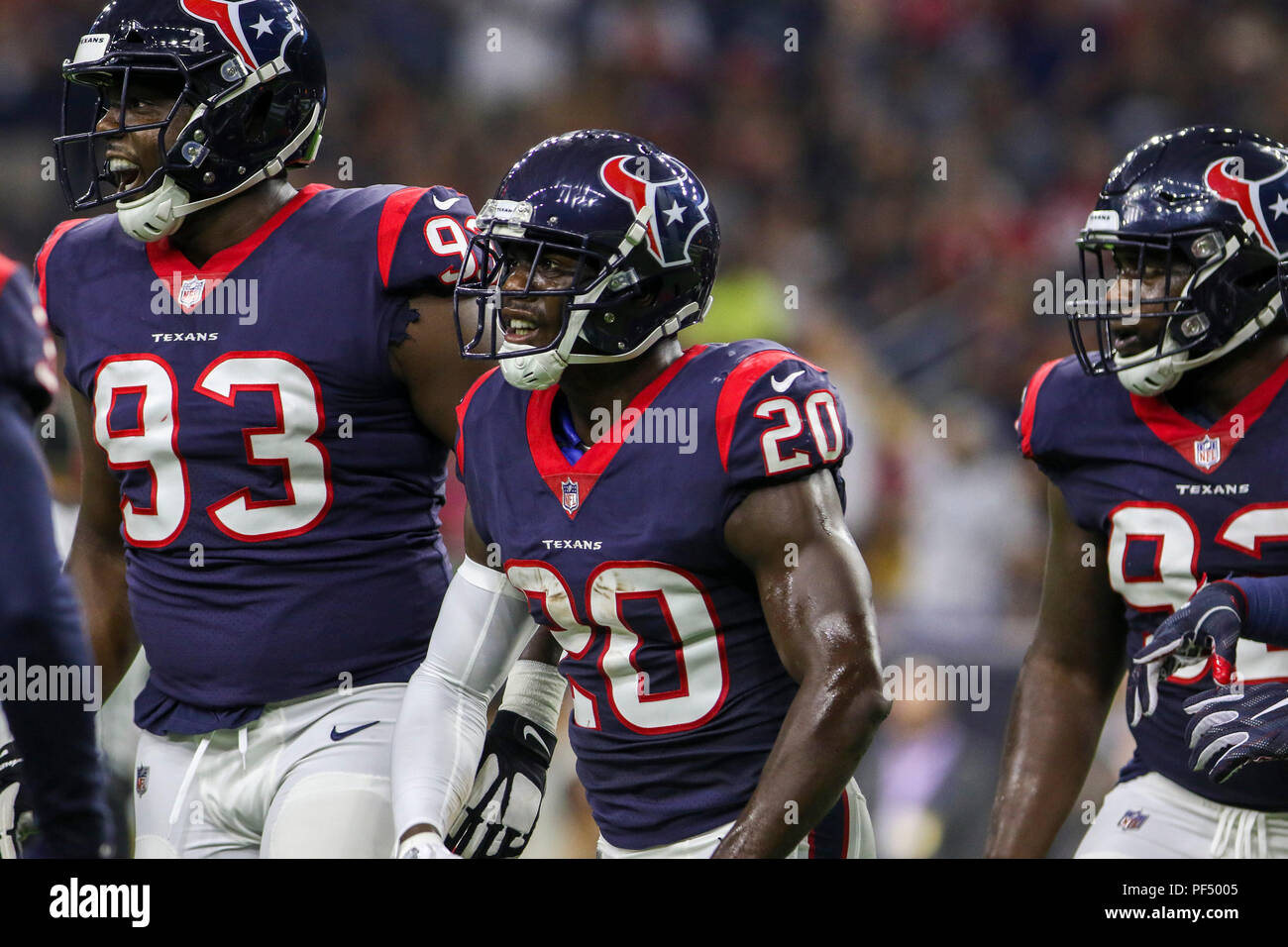 Agosto 18, 2018: Houston Texans defensive back Johnson Bademosi (20) durante la preseason NFL partita di calcio tra la Houston Texans e San Francisco 49ers a NRG Stadium di Houston, TX. John Glaser/CSM Foto Stock