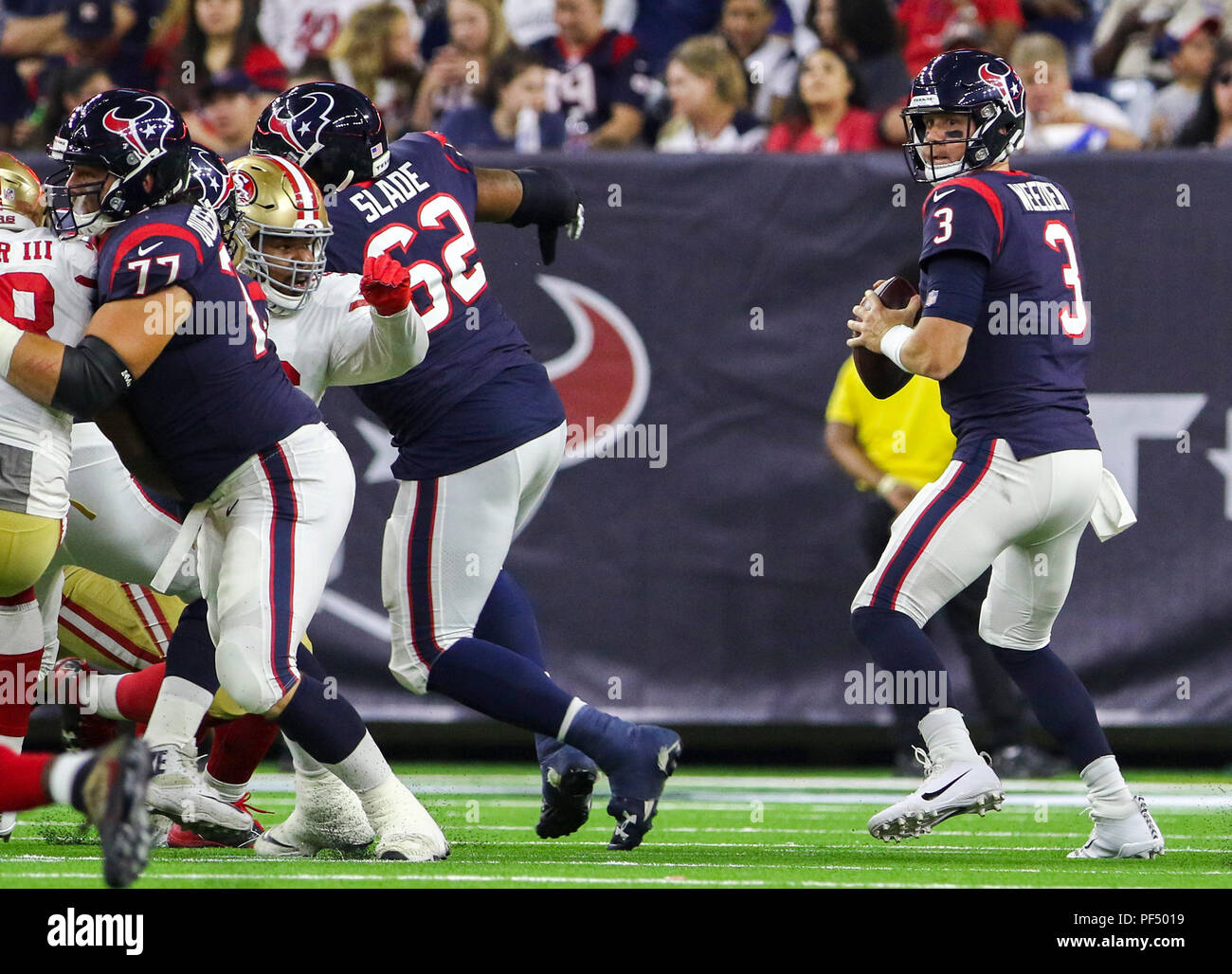Agosto 18, 2018: Houston Texans quarterback Brandon Weeden (3) durante la preseason NFL partita di calcio tra la Houston Texans e San Francisco 49ers a NRG Stadium di Houston, TX. John Glaser/CSM Foto Stock