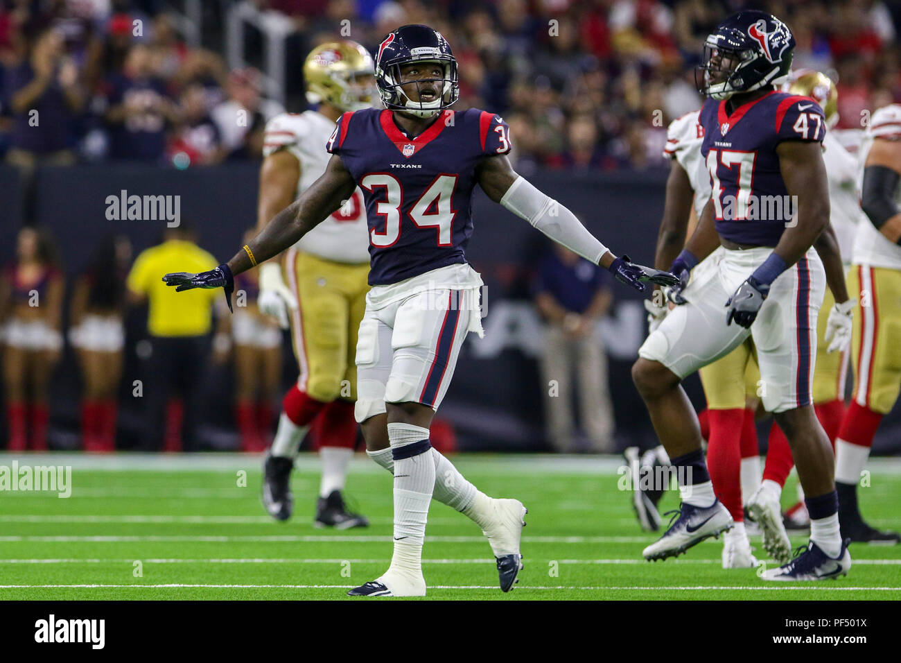 Agosto 18, 2018: Houston Texans defensive back Dee vergine (34) durante la preseason NFL partita di calcio tra la Houston Texans e San Francisco 49ers a NRG Stadium di Houston, TX. John Glaser/CSM Foto Stock