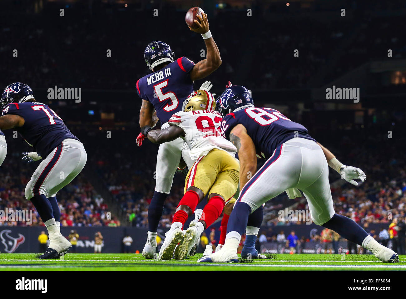 Agosto 18, 2018: Houston Texans quarterback Joe Webb (5) durante la preseason NFL partita di calcio tra la Houston Texans e San Francisco 49ers a NRG Stadium di Houston, TX. John Glaser/CSM Foto Stock