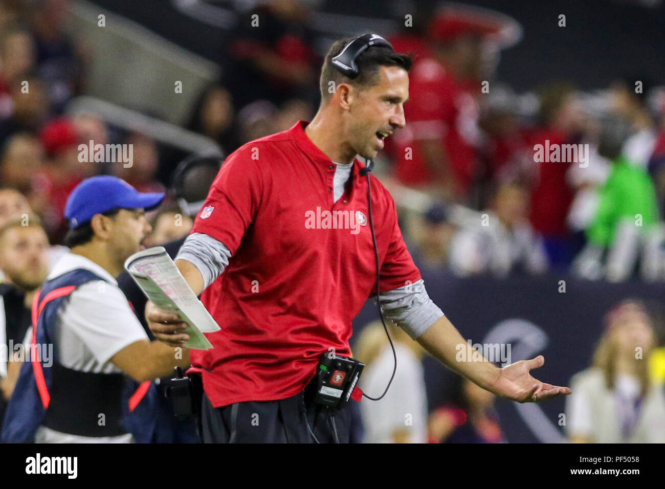 Agosto 18, 2018: San Francisco 49ers head coach Kyle Shanahan durante la preseason NFL partita di calcio tra la Houston Texans e San Francisco 49ers a NRG Stadium di Houston, TX. John Glaser/CSM Foto Stock