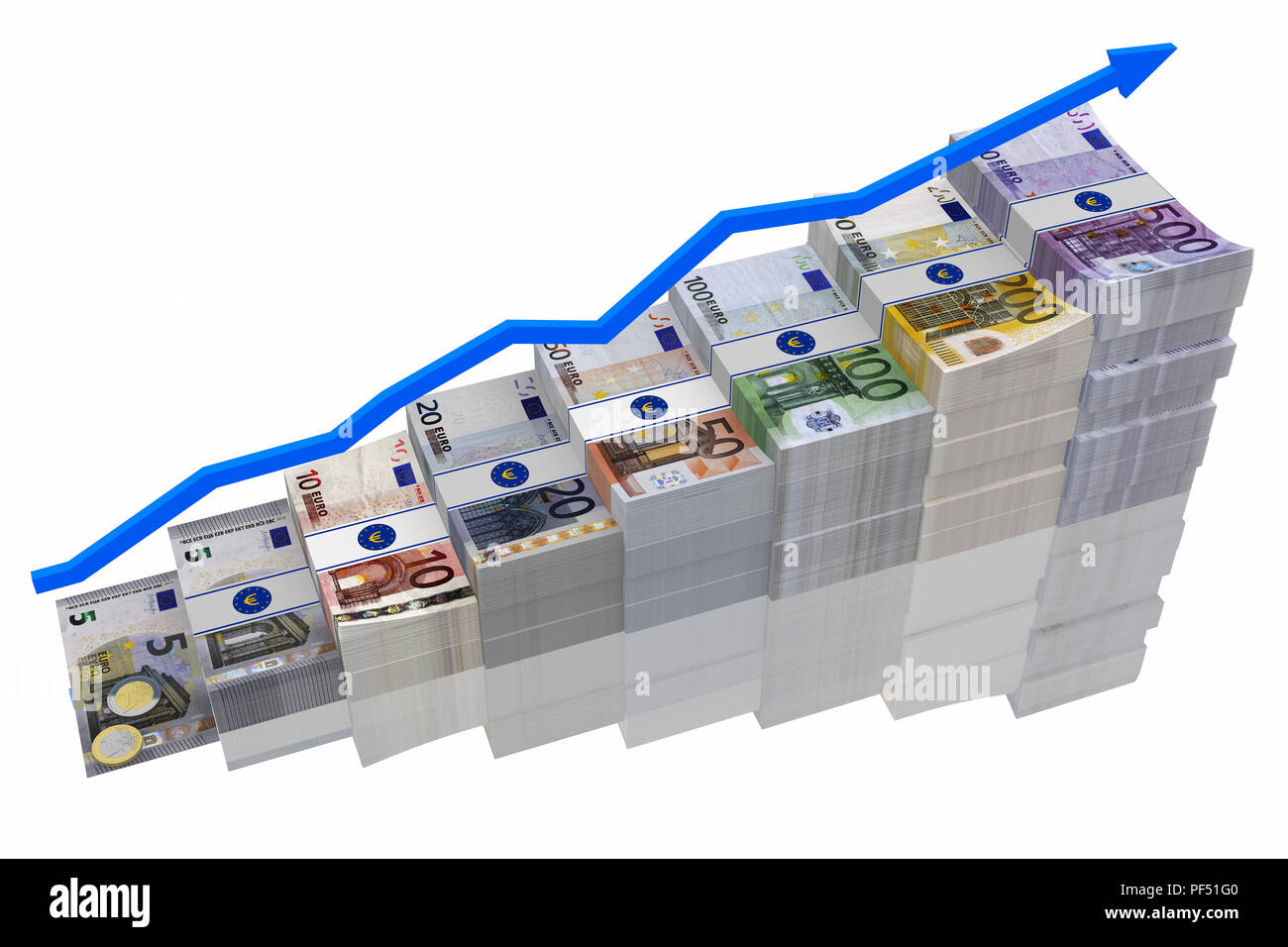 3D'illustrazione. Pila di banconote con simbolo grafico in crescita. Foto Stock
