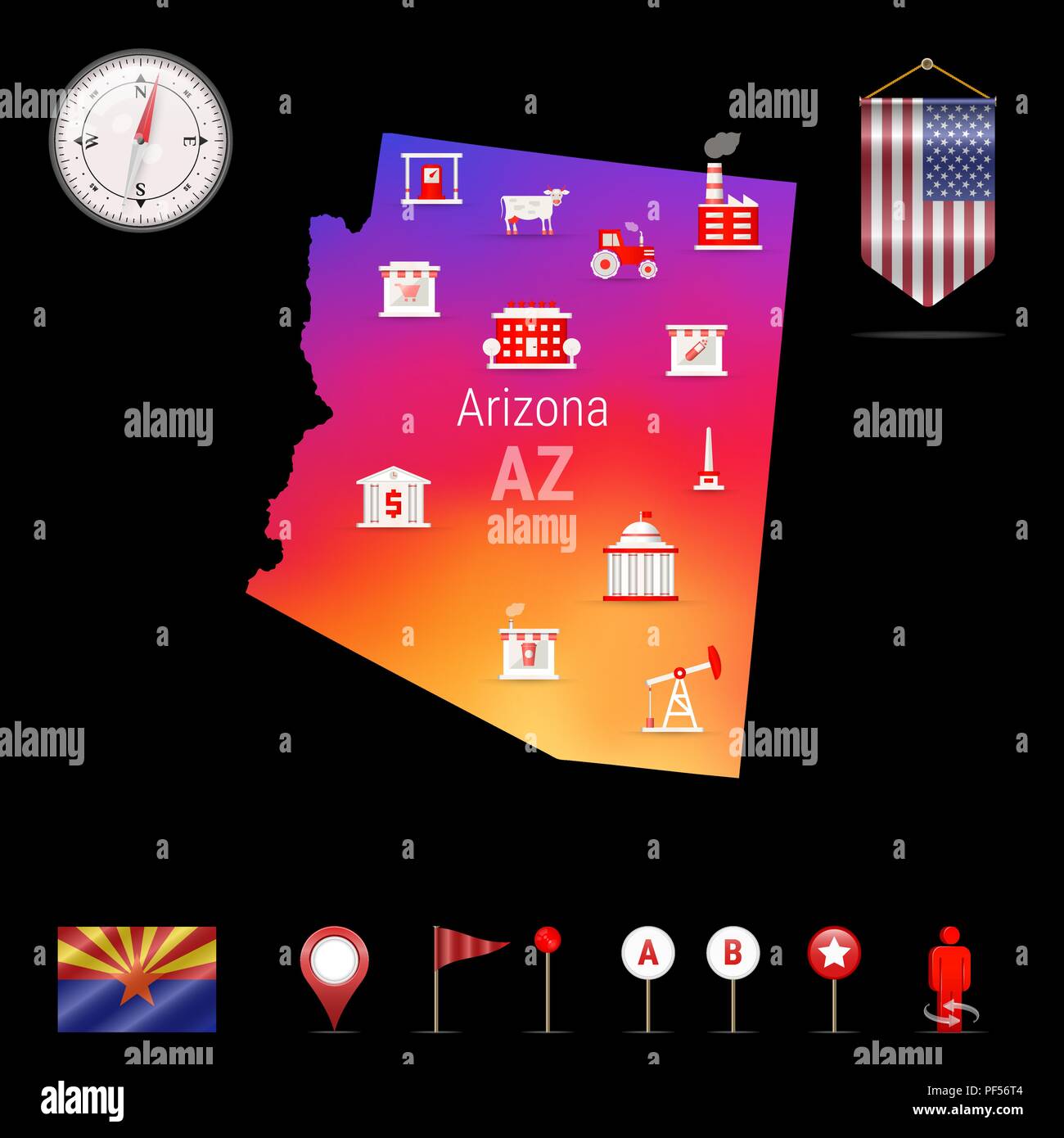 Arizona mappa vettoriale, Vista notte. Icona della bussola, mappa gli ...