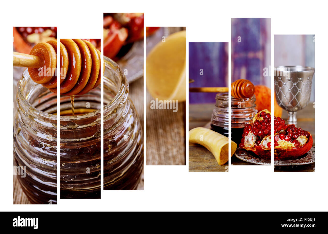 Vacanza Jewesh shofar, torah prenota, miele, apple e melograno Rosh hashanah tradizionali simboli di vacanza. Foto Stock