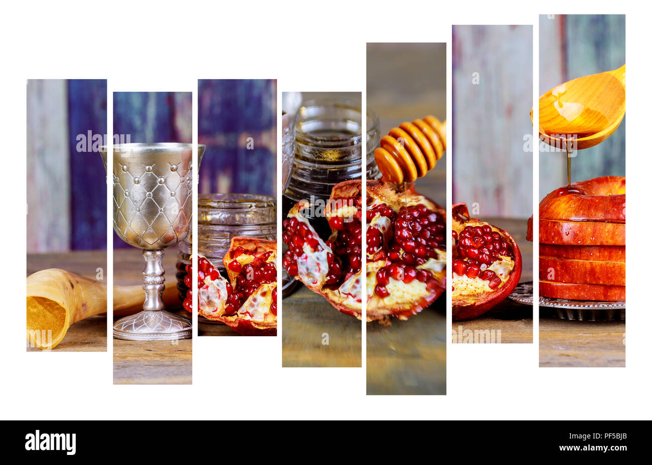 Background Rosh hashanah Jewish Nuovo Anno . Vacanze tradizionali simboli - shofar, miele e Apple su una vista piana sfondo laici, copia dello spazio. Foto Stock