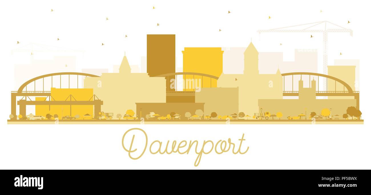 Davenport skyline della città Golden silhouette. Illustrazione Vettoriale. Piatto semplice concetto per il turismo presentazione, banner, cartellone o sito web. Illustrazione Vettoriale
