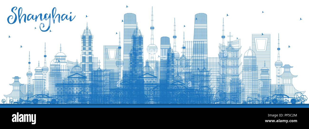 Profilo dello skyline di Shanghai con edifici blu. Illustrazione Vettoriale. Viaggi di affari e di turismo con il concetto di architettura moderna. Illustrazione Vettoriale