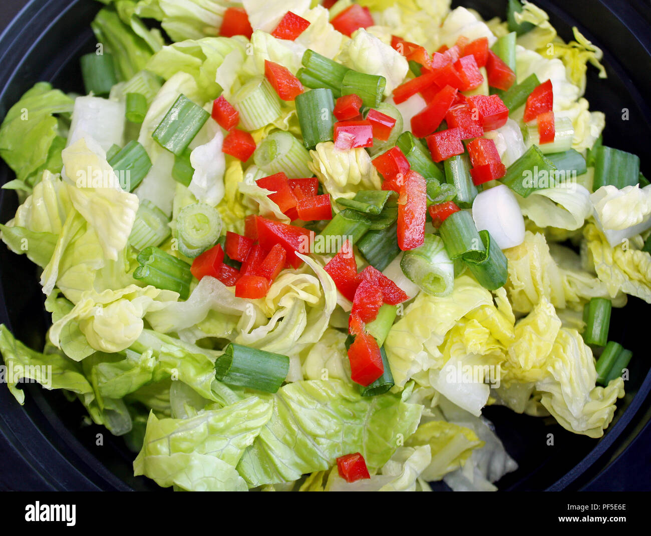 Fresco giardino insalata con dadini di peperone rosso, i cipollotti e tritato lattuga romana Foto Stock