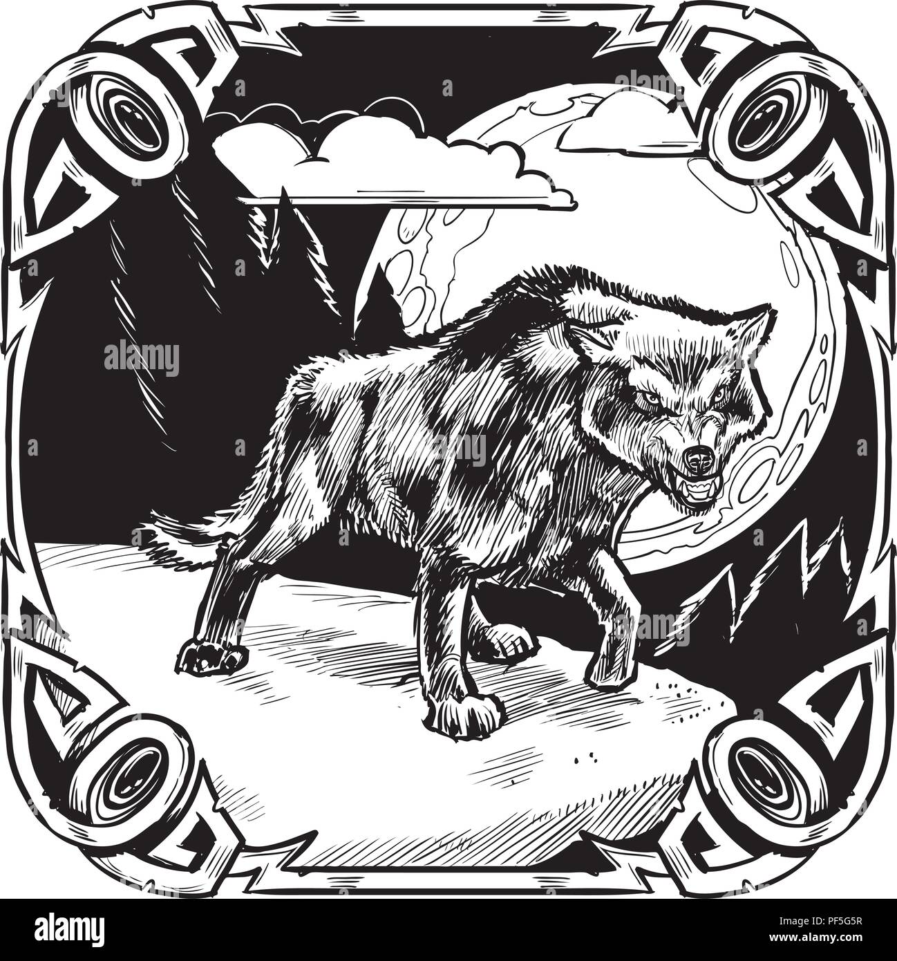 Vector cartoon clip art illustrazione di un brontolio lupo arrabbiato di fronte a una luna piena di notte in una foresta scura contenuta in un raffinato jeweled o telaio Illustrazione Vettoriale