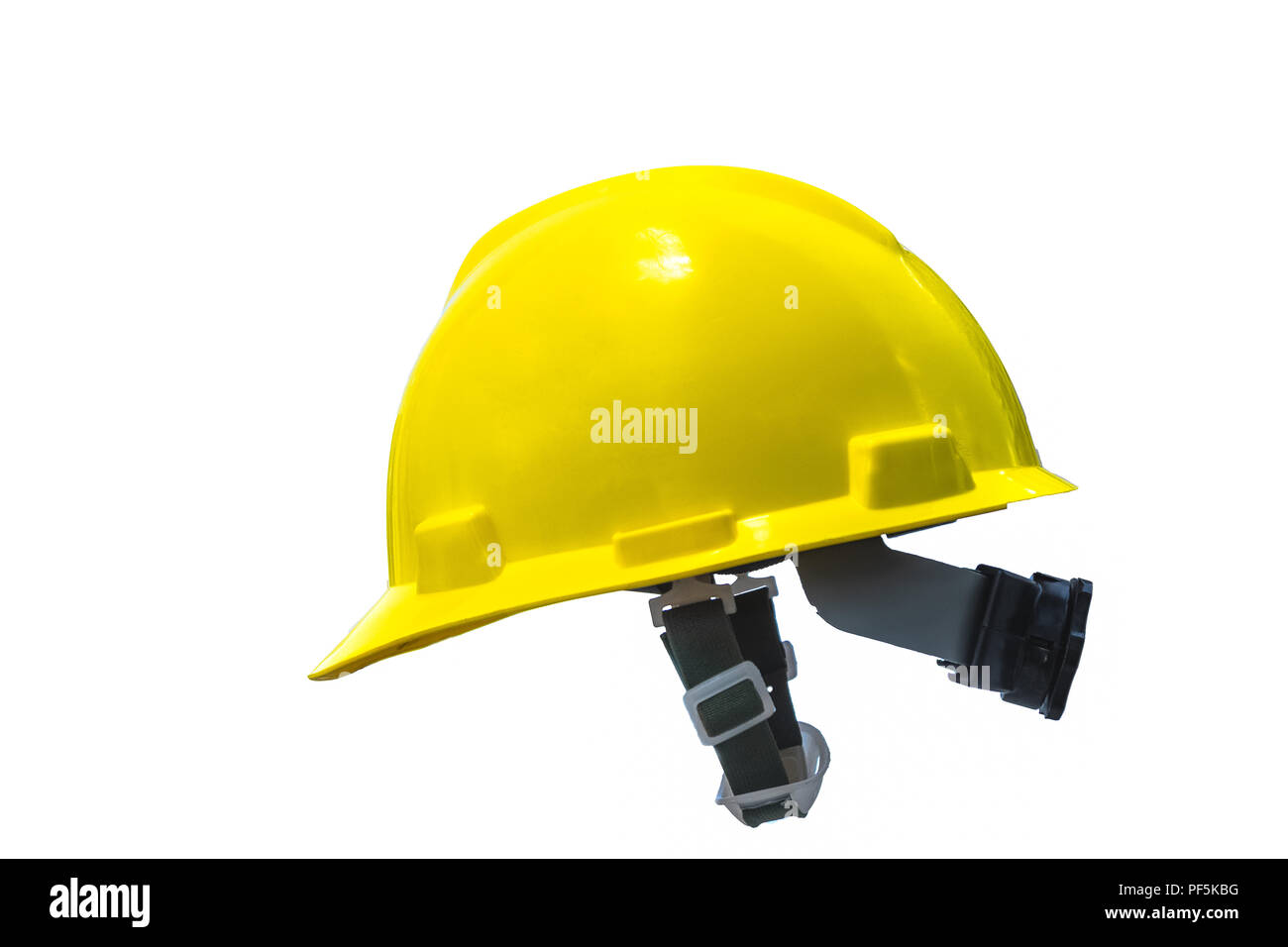 Costruzione giallo casco protettivo su sfondo bianco Foto Stock