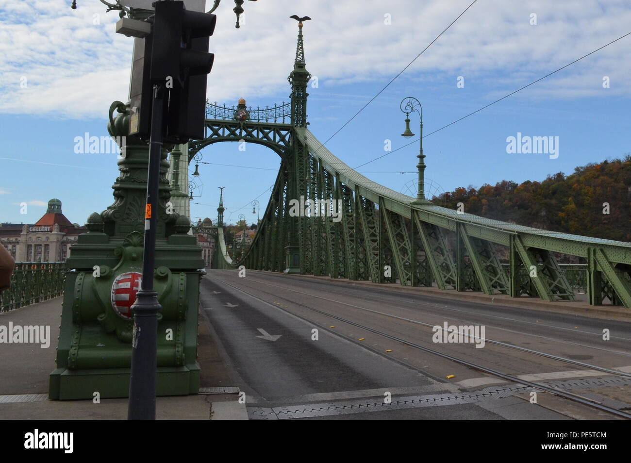 Stile Art Nouveau e Ponte della Libertà, Budapest con turuls, hawk-come uccelli mitologici sulla sommità della torre, ungherese stemma in Medio + alla fine Foto Stock