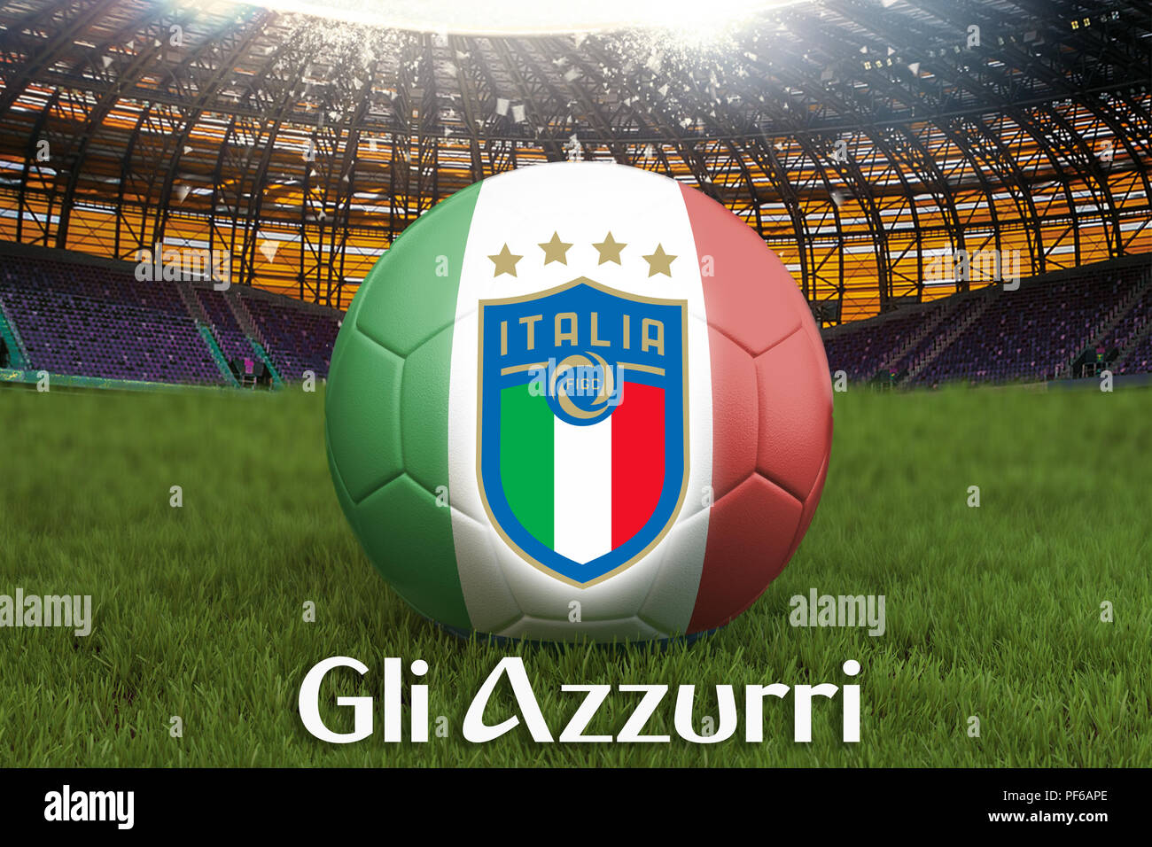 Gli Azzurri in Italia lingua sulla squadra di calcio sulla sfera grande stadium sfondo con Italia logo squadra il concetto di concorrenza. Bandiera dell'Italia sulla sfera team tourna Foto Stock