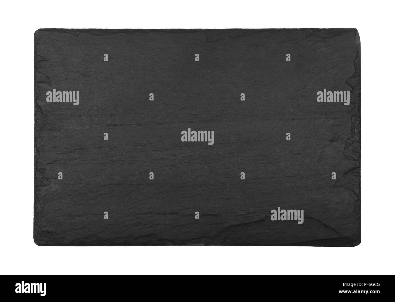 Close up forma rettangolo nero grande pietra ardesia tagliere isolati su sfondo bianco Foto Stock