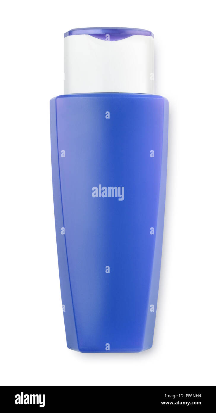Vista frontale di plastica blu bottiglia cosmetici isolato su bianco Foto Stock