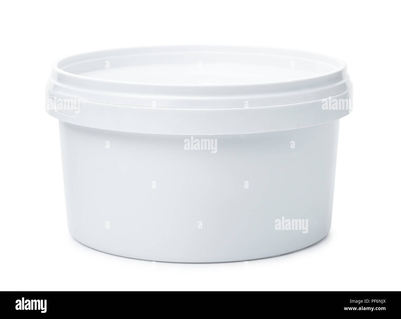 Circolare bianca con contenitore in plastica isolato su bianco Foto Stock