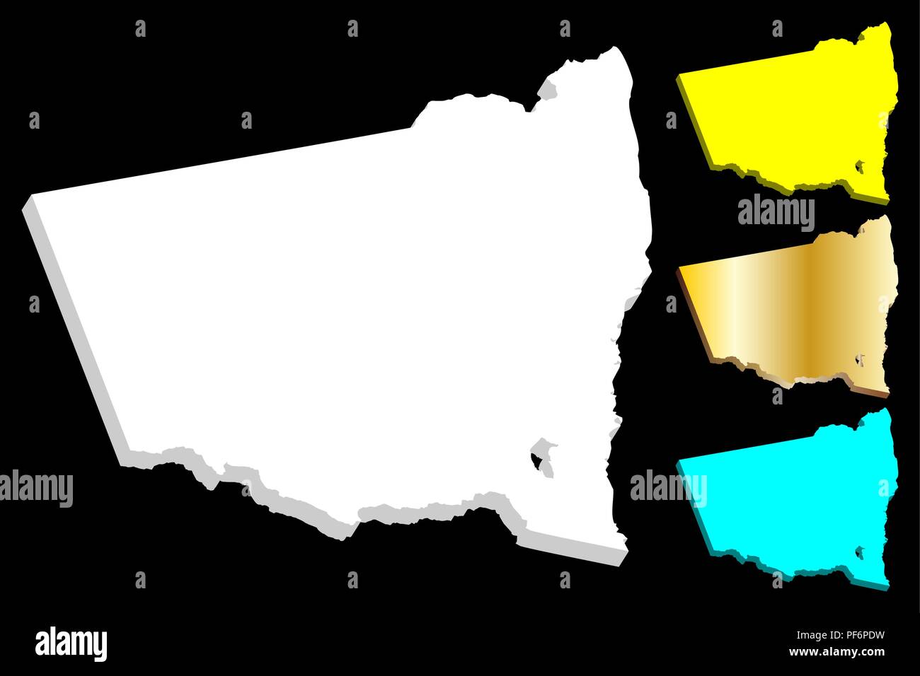 Mappa 3D del Nuovo Galles del Sud (Stati australiani e territori, NSW) - bianco, giallo, blu e oro - illustrazione vettoriale Illustrazione Vettoriale