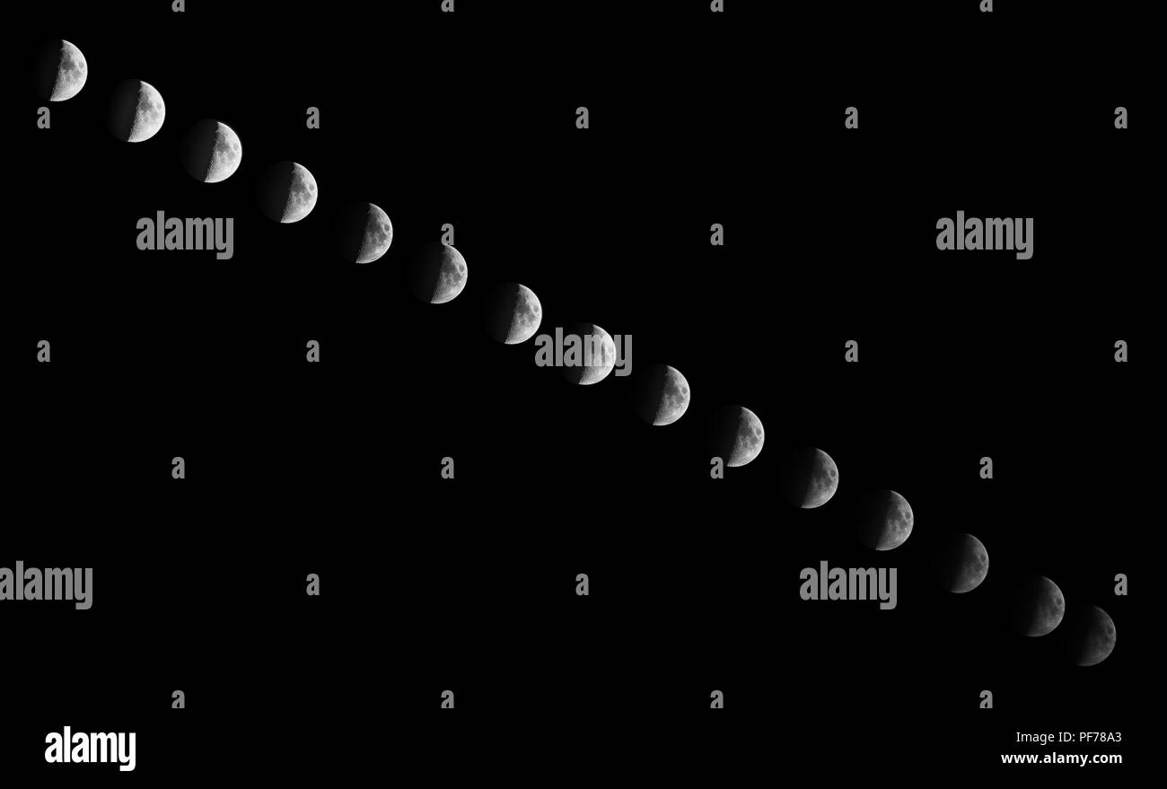 Esposizioni multiple della luna piena lungo un vuoto nero cielo, un contrasto più elevato Foto Stock