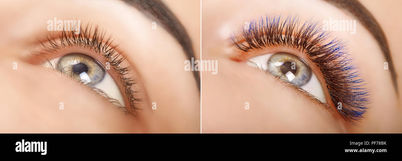 Extension delle ciglia. Confronto di occhi femmina prima e dopo. Blue ombre ciglia. Foto Stock