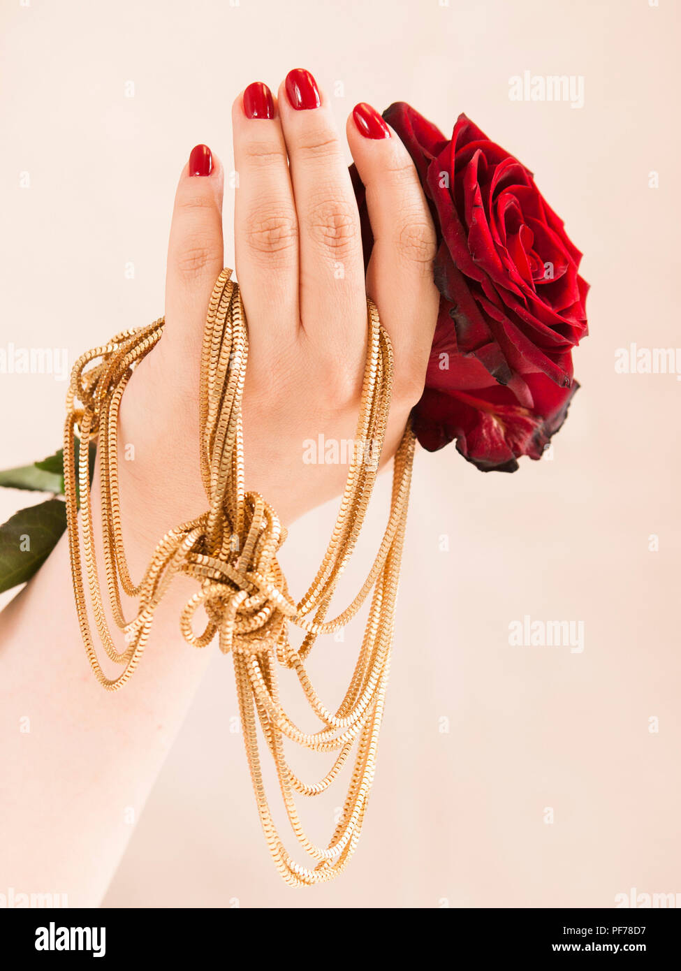 Mano con belle piste per chiodi mantenendo la catena in oro e rosa rossa Foto Stock