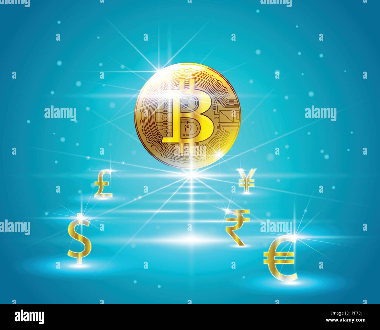 Golden bitcoin cryptocurrency digitale a Dollar,Euro,Rupia Indiana,British Pound,yuan cinese,Yen giapponese valuta il modello di business di concetti di exchange. V Illustrazione Vettoriale