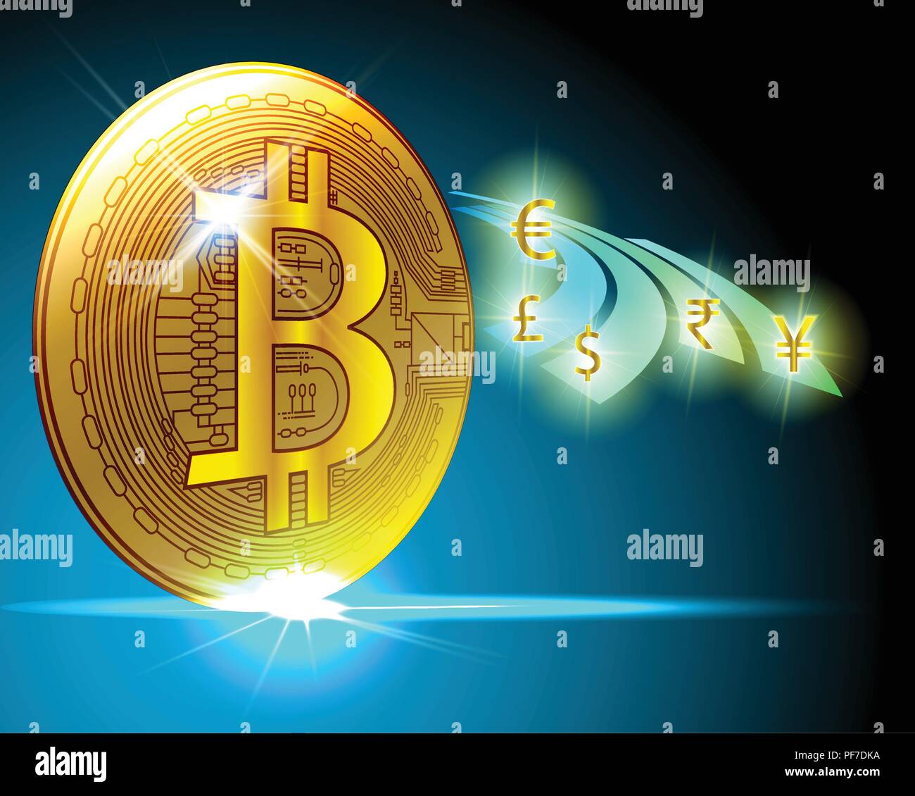 Golden bitcoin cryptocurrency a Dollar,Euro,Rupia Indiana,British Pound,yuan cinese,Yen giapponese valuta il modello di business di concetti di exchange. Il vettore Illustrazione Vettoriale