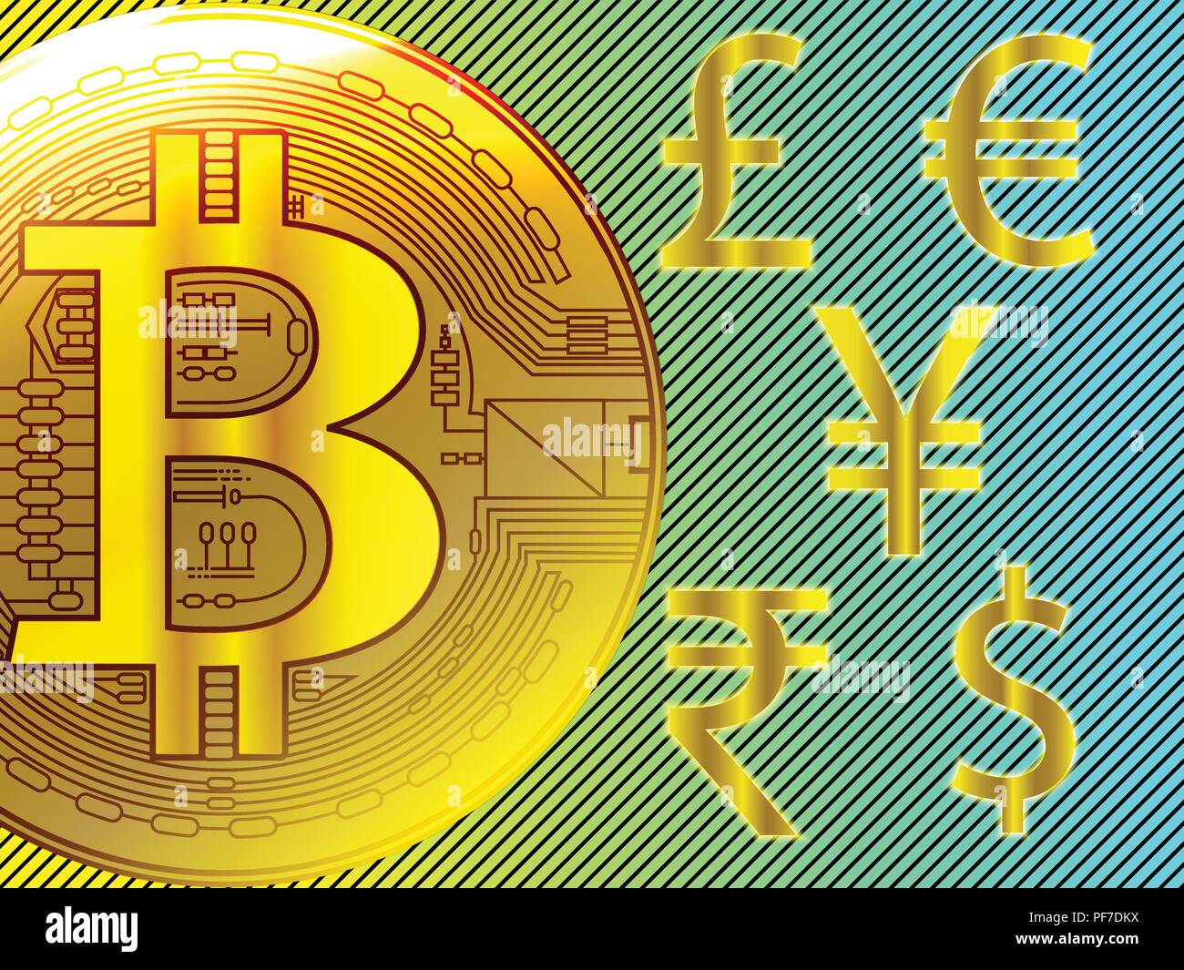 Golden bitcoin digital exchange cryptocurrency a Dollar,Euro,Rupia Indiana,British Pound,yuan cinese,Yen giapponese valuta il modello di business di concetti. V Illustrazione Vettoriale