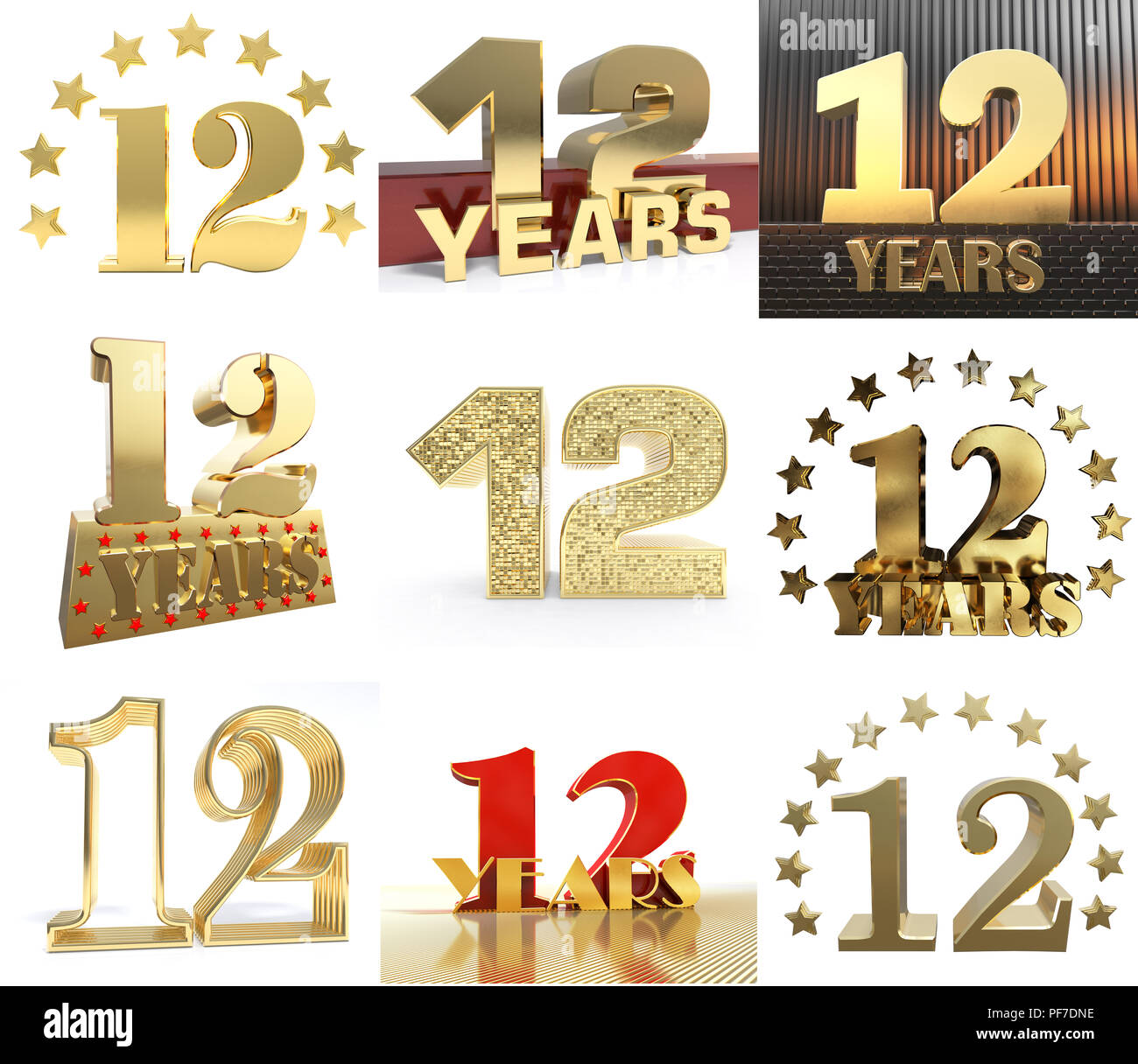 Impostare il numero di dodici anni (12 anni) la celebrazione del design. Anniversario numero d'oro agli elementi del modello per la tua festa di compleanno. 3D'illustrazione. Foto Stock