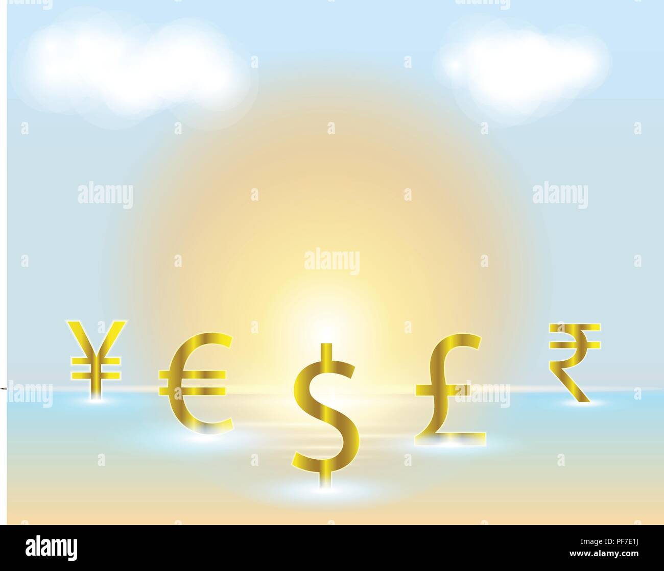 Simbolo di valuta dollaro,Euro,Rupia Indiana,British Pound,yuan cinese,Yen giapponese valuta il modello di business di concetti di scambio sulla spiaggia. Vector illus Illustrazione Vettoriale