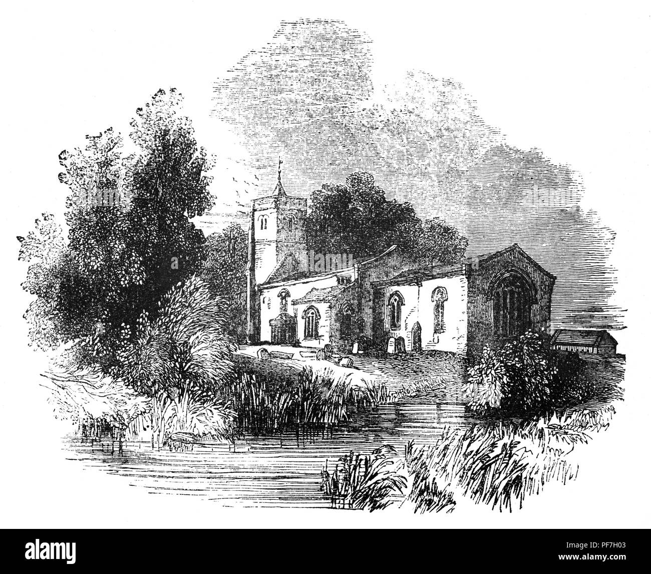 La chiesa medievale sulle rive del fiume Avon a Hampton Lucy, un villaggio vicino a Stratford-upon-Avon nel Warwickshire) fu completamente distrutta nel 1826. Esso consisteva di un coro, navata con clearstory e portico sud, sud, la cappella e la torre occidentale. La cappella sembra essere stato del XIII secolo la data e i dettagli visibili del resto della chiesa appartengono al XIV e XV secolo. Foto Stock