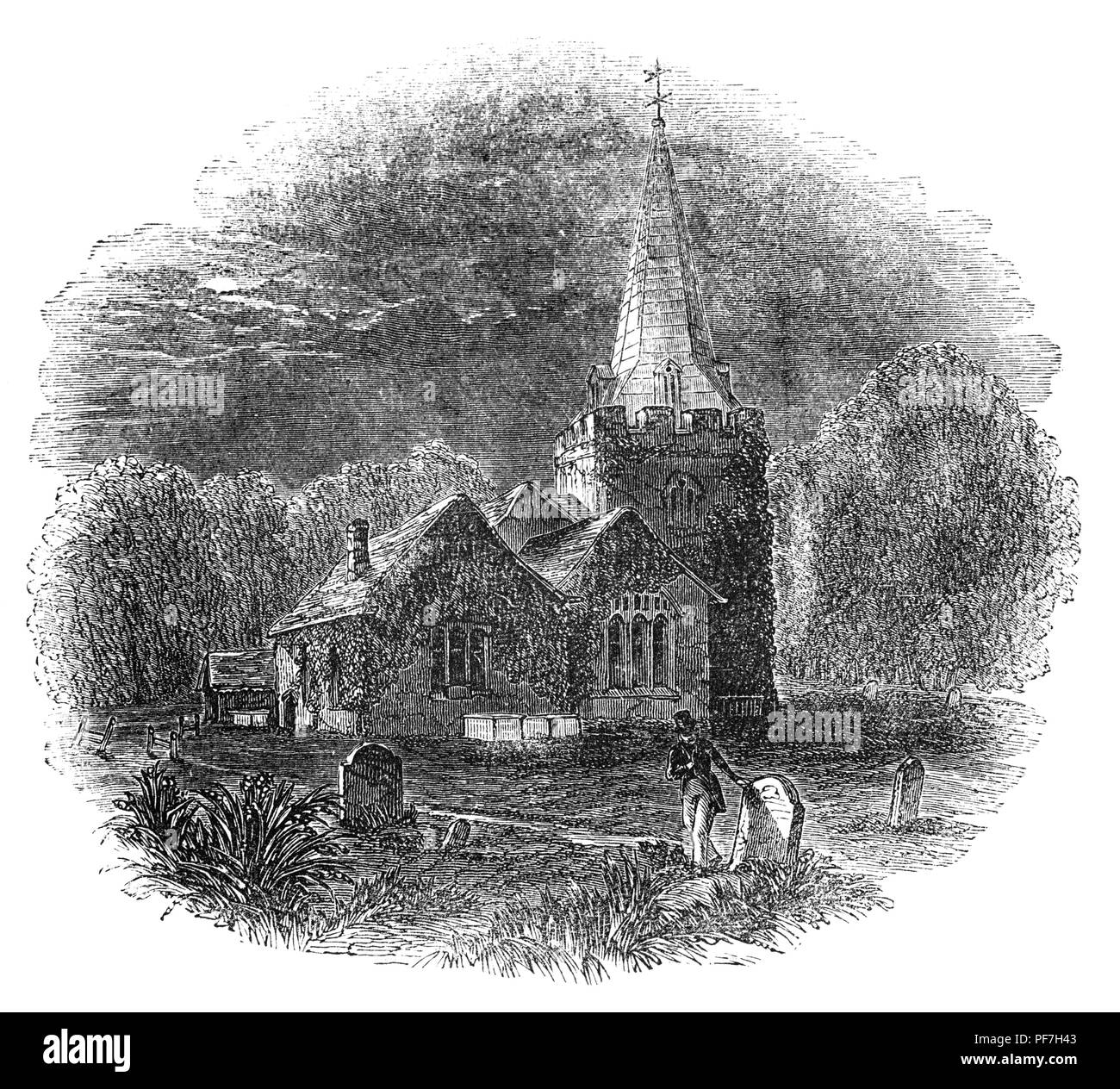Il primo riferimento a Stoke chiesa nel Buckinghamshire, Inghilterra si verifica nella metà del XII secolo, quando fu concesso a Notley Abbey (Bucks.) da Walter Giffard, overlord della Manor, e sua moglie. Egli fondò questa abbazia-una delle poche case dei canonici Arrouasian in Inghilterra-qualche tempo prima del 1164, anno della sua morte. La chiesa di San Pietro fu costruito nel XII secolo e sia il coro arch e l' ammenda sud portale romanico sono opera di questo periodo. Ma dalla metà del XIX secolo la chiesa fu in una condizione fatiscente, ma restaurato 1868-9. Foto Stock