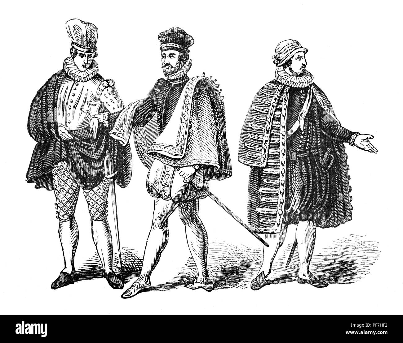 Moda: Per uomini d'oltremare durante il regno della regina Elisabetta I. Da sinistra - Veneziano, spagnolo e francese. Foto Stock