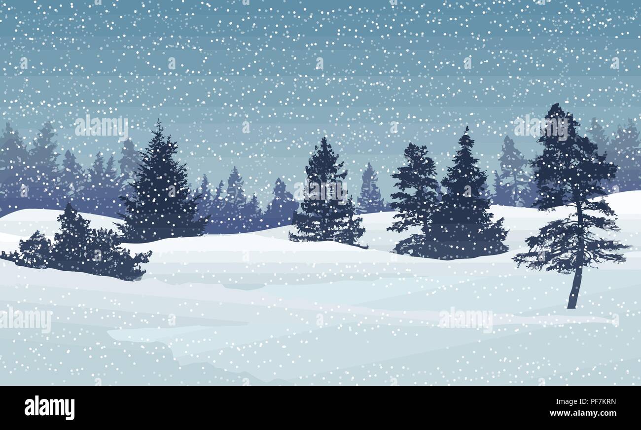 Vacanza invernale sullo sfondo del paesaggio con alberi di pino sul cielo blu con la caduta di neve, illustrazione vettoriale Illustrazione Vettoriale