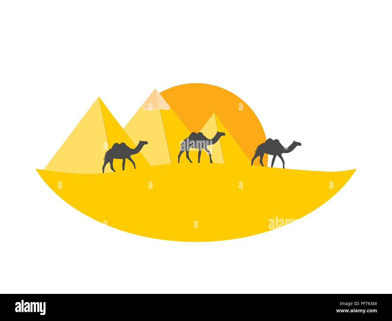 Caravan cammelli contro oltre le piramidi. Piramidi egiziane nel deserto. Illustrazione Vettoriale Illustrazione Vettoriale