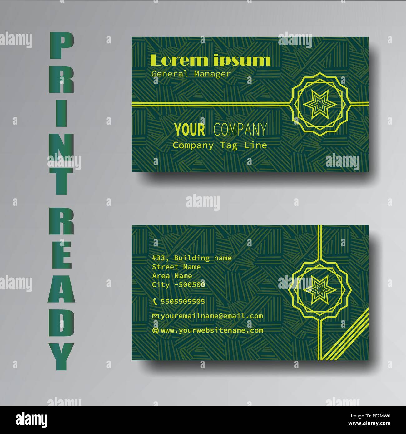 Pronti per la stampa di colore verde business card design con pattern di linee e golden testo colorato, moderno classico business card design Illustrazione Vettoriale