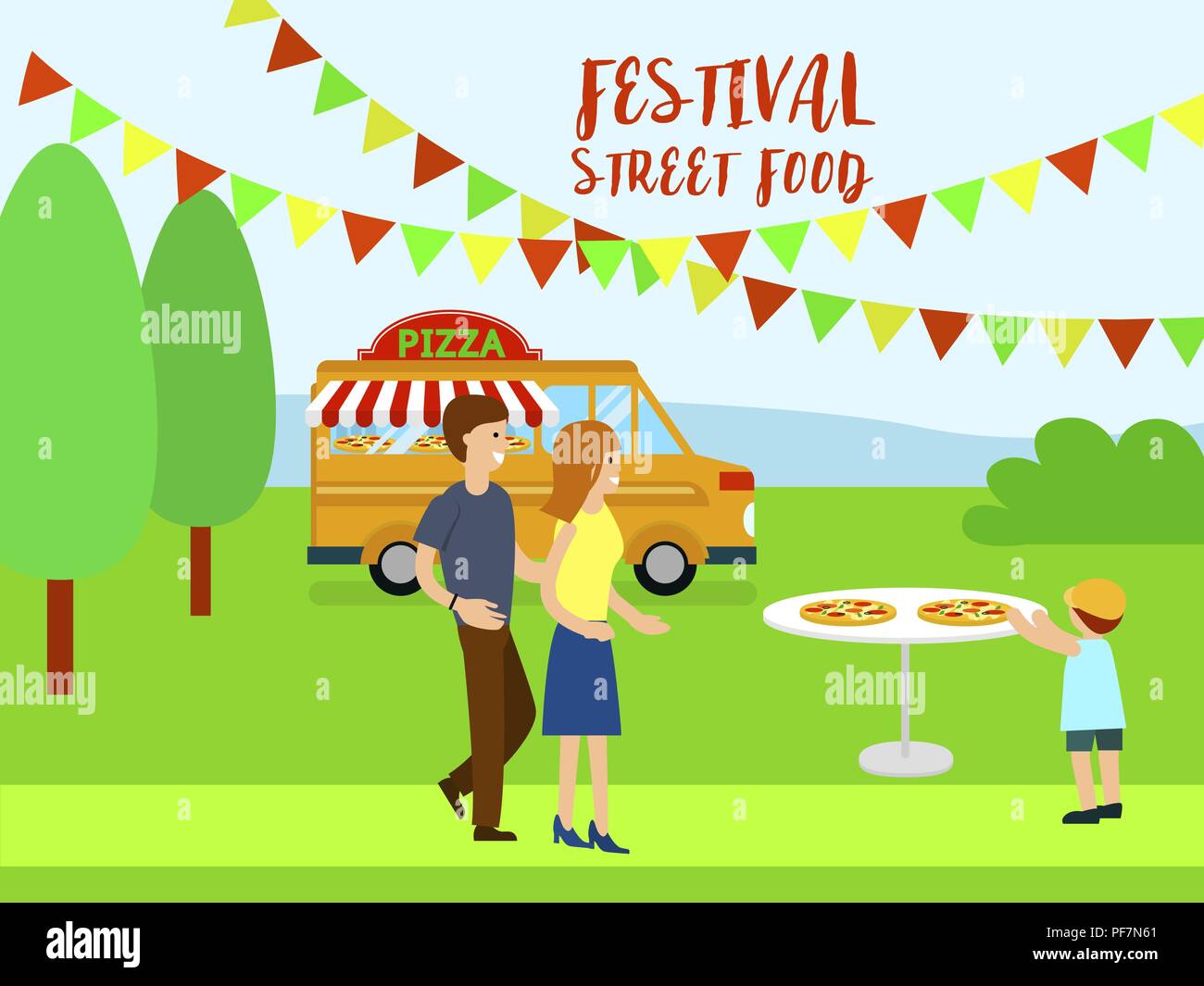 Pizza street food festival sfondo, stile piatto Illustrazione Vettoriale