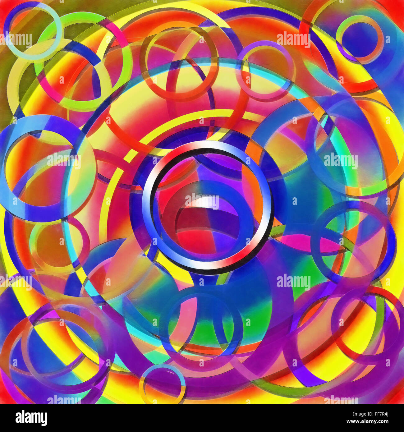 Una trama digitalmente acquerello di cerchi, di variare i colori e dimensioni, con sovrapposizione in questo divertente astratta. Foto Stock