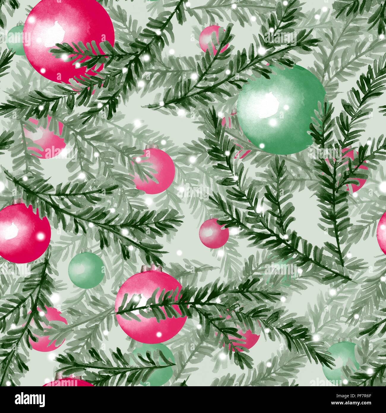 Acquerello seamless pattern con abete rami e palle di Natale Foto Stock