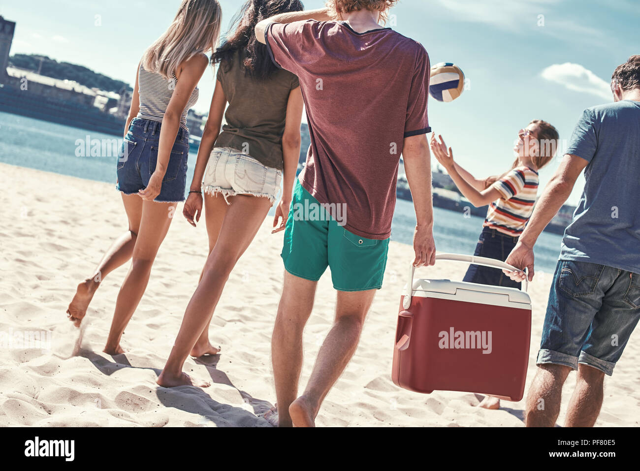 Gli amici sulla spiaggia. Vista posteriore di allegro giovani camminando lungo la spiaggia del mare mentre due uomini che trasportano lo scambiatore di calore in plastica Foto Stock