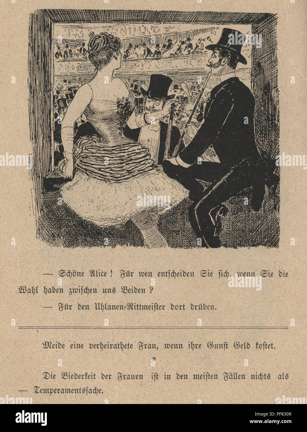 Vintage incisione di un cartone animato in stile vittoriano di uomini flirtare con l'attrice a teatro, 1880, tedesco Foto Stock