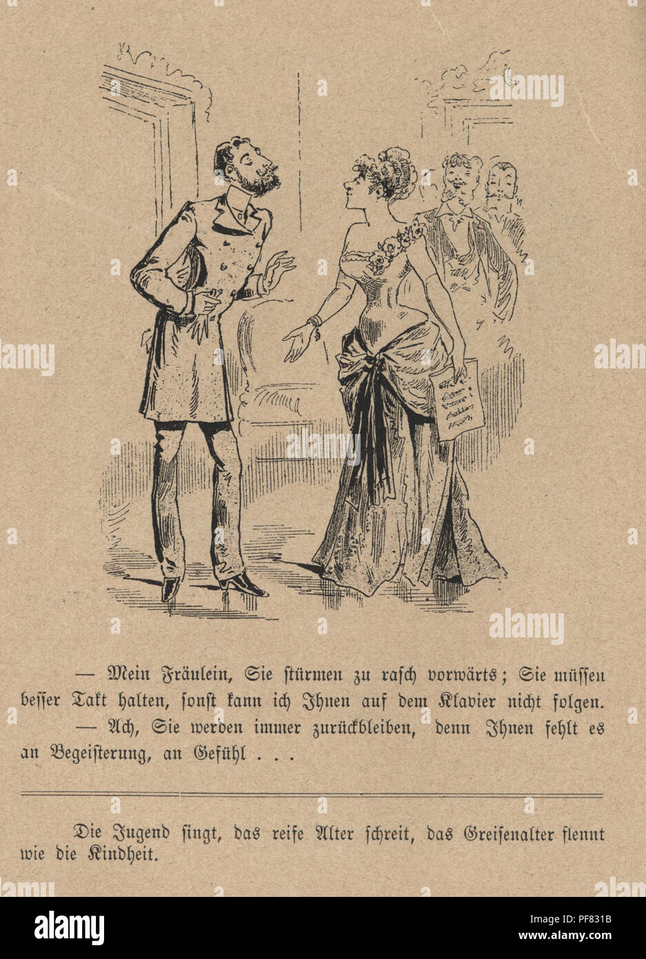 Vintage incisione di un cartone animato in stile vittoriano di uomo che parla di un cantante di opera, 1880, tedesco Foto Stock