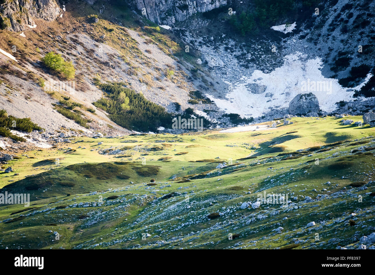 I raggi del sole illuminano la valle di montagna con la neve e il verde erba sfondo.belle montagne del Durmitor Montenegro riserva naturale, parco nazionale Foto Stock