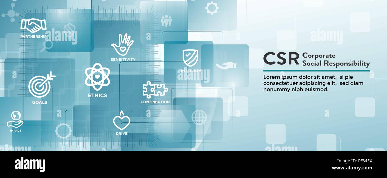 CSR-Responsabilità Sociale Banner Web Icon Set & Web Banner di intestazione w onestà, integrità, collaborazione, etc Illustrazione Vettoriale