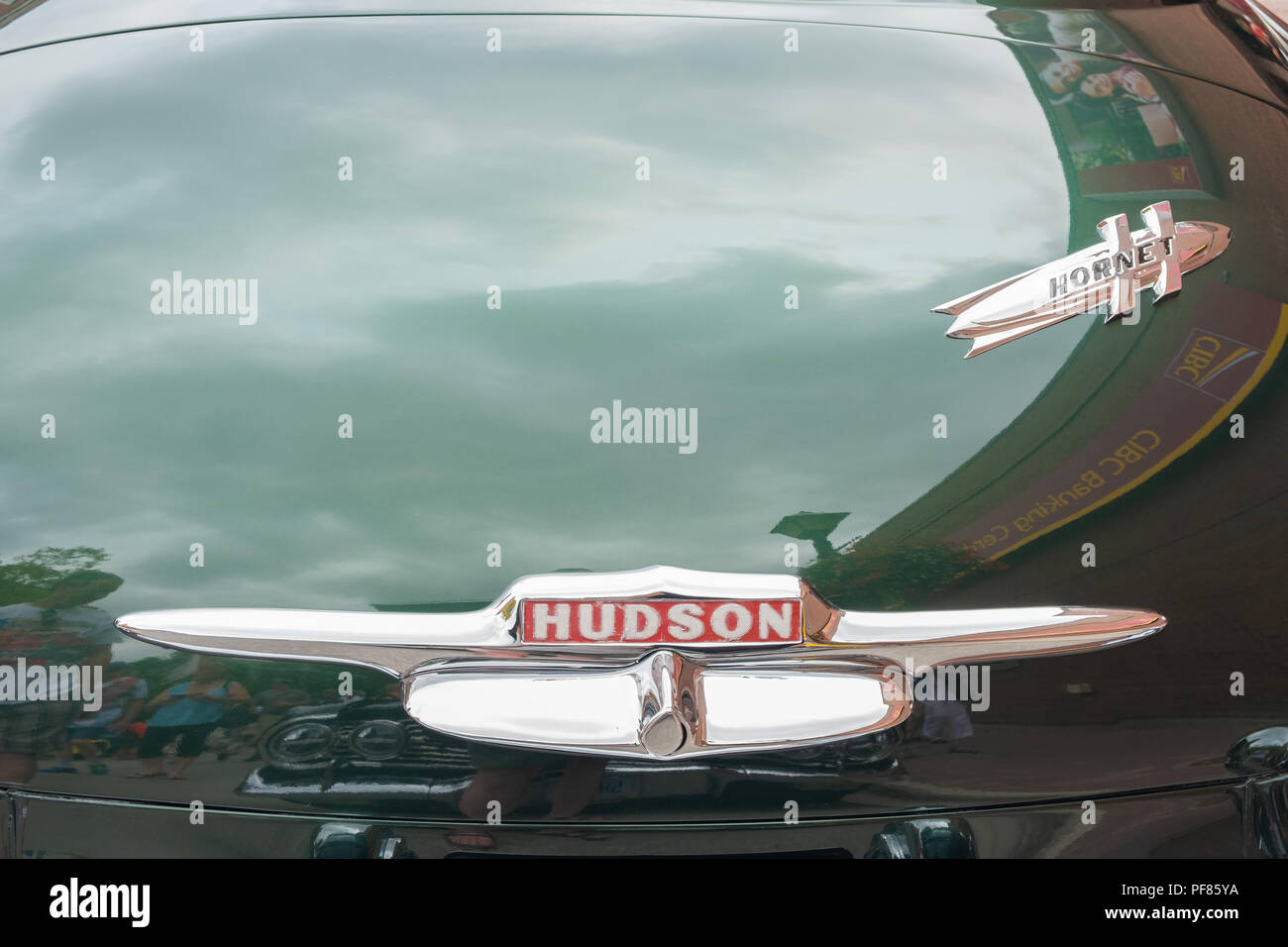 Primo piano delle targhette da un 1951 Hudson Hornet sul tronco del veicolo. Foto Stock