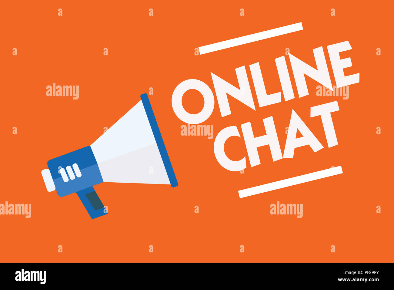 Parola di scrittura di testo Chat Online. Il concetto di business per parlare con un amico o qualcuno attraverso internet e PC Phone megafono altoparlante backgrou arancione Foto Stock