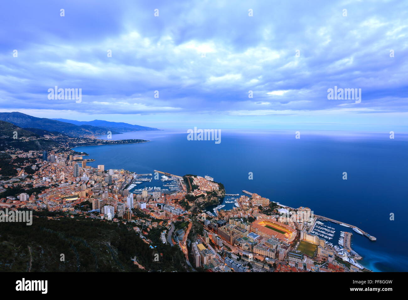 Vue aerienne de nuit, Monaco, Principaute de Monaco Foto Stock