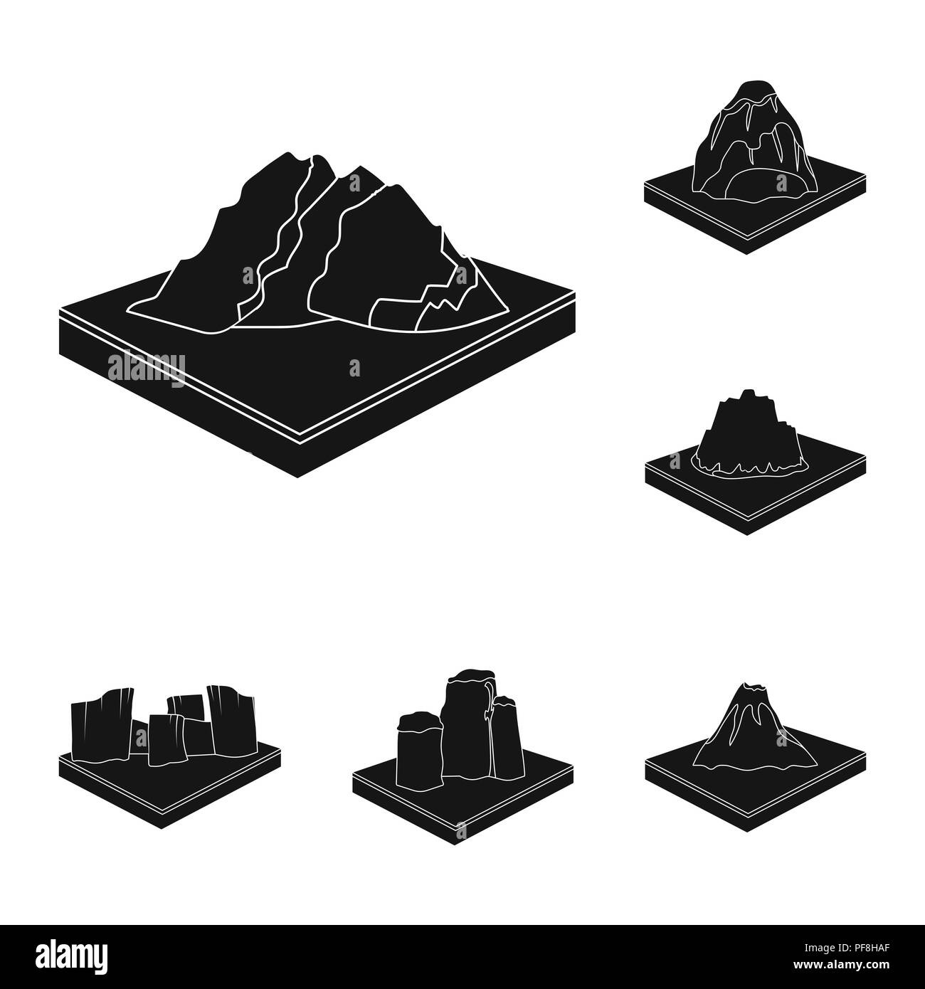Montagne, massiccia icone nere in set di raccolta per il design. La superficie della terra vettore simbolo isometrica stock illustrazione. Illustrazione Vettoriale