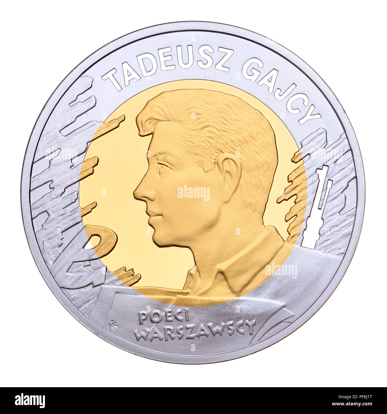 Moneta polacca: Tadeusz Gajcy Stefan (1922 - 1944) poeta polacco e Armia Krajowa (Casa Polacca esercito) soldato polacco e medaglia commemorativa sessantacinquesimo anniversa Foto Stock