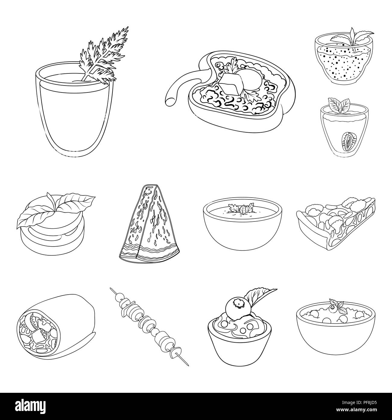 Piatto vegetariano a delineare le icone nella raccolta di set per design.vegetali e il latte alimentare simbolo vettore illustrazione stock. Illustrazione Vettoriale